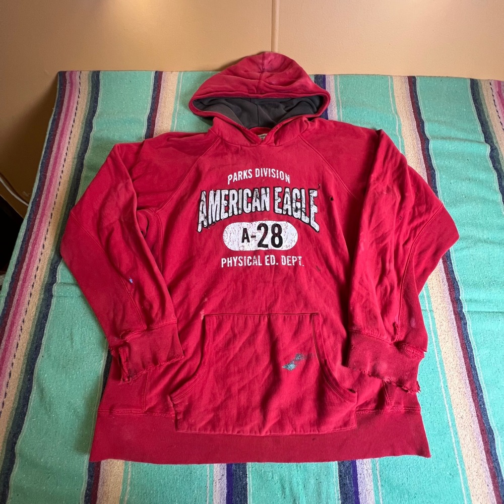 American Eagle Hoodie Mens Large Red Distressed Physical Ed Dept Pullover Sweat